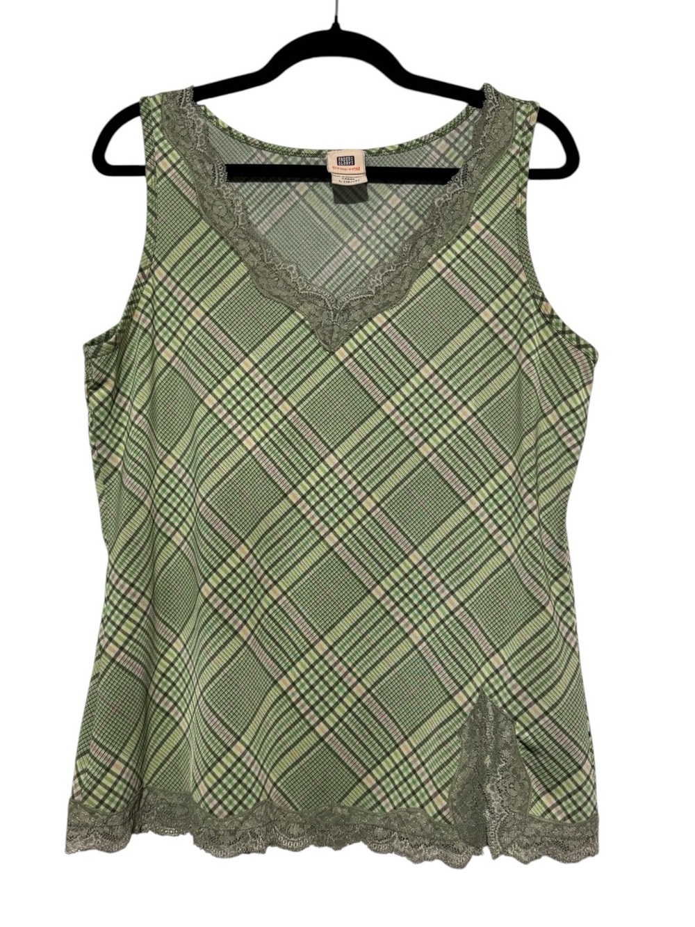 Vintage Faded Glory Y2K Green Plaid Lace Camo Tank Top Stretch Fall Preppy